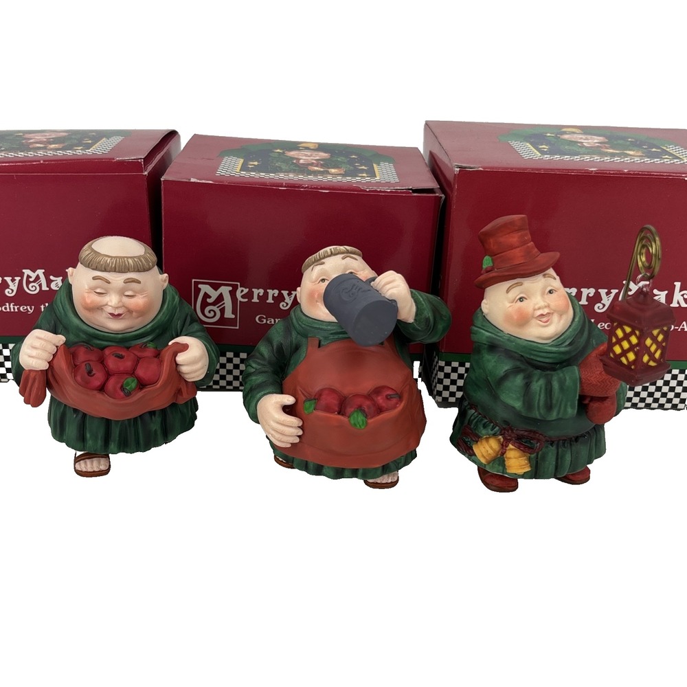 Dept 56 Merry Makers Monk Lot of 3 Original Boxes Gatherer, Guzzler & Lamp Light
